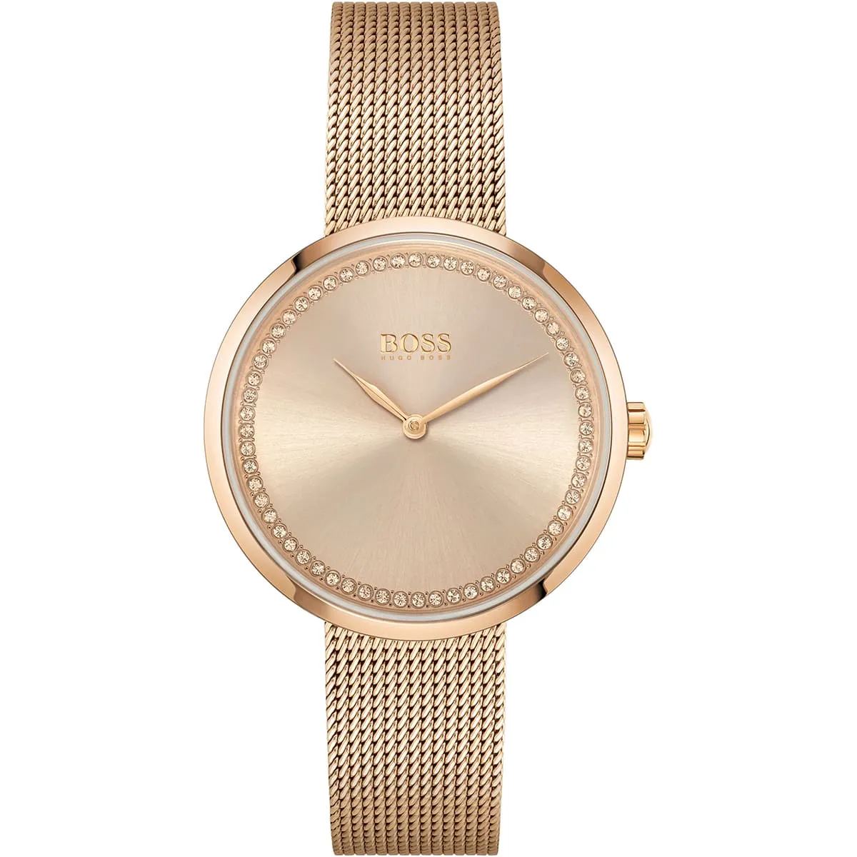 1502548-hugo-boss-watch-women-crystals-rose-gold-dial-metal-stainless-mesh-strap-quartz-battery-analog-three-hand-praise Hugo boss for women- هوجو بوس نسائي -1502548 - Image 1