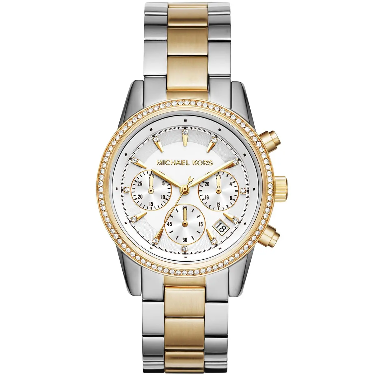 mk6474-michael-kors-chronograph-watch-women-white-dial-metal-stainless-steel-silver-gold-strap-quartz-battery-analog-ritz Michael Kors for women - مايكل كورس حريمي -MK6474 - Image 1