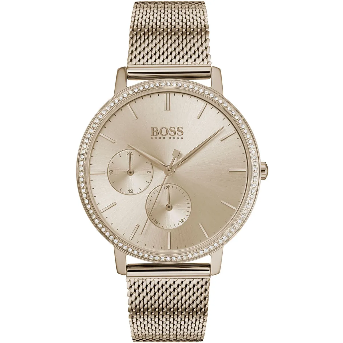 1502519-hugo-boss-watch-women-crystals-rose-gold-dial-metal-stainless-mesh-strap-quartz-battery-analog-three-hand-infinity Hugo boss for women- هوجو بوس نسائي -1502519 - Image 1