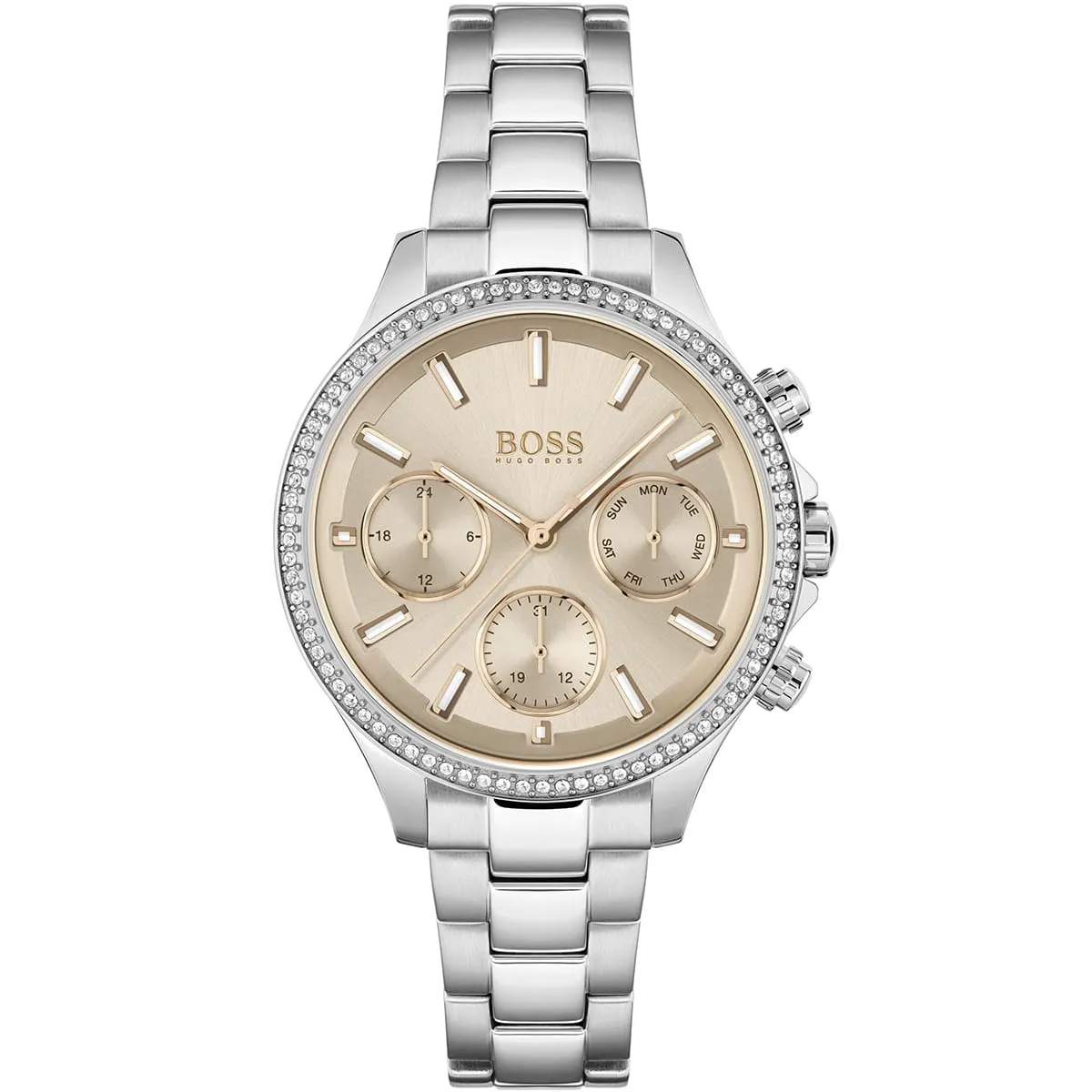 1502565-hugo-boss-watch-women-crystals-rose-gold-dial-metal-stainless-silver-strap-quartz-battery-analog-three-hand-hera Hugo boss for women- هوجو بوس نسائي -1502565 - الصورة 1