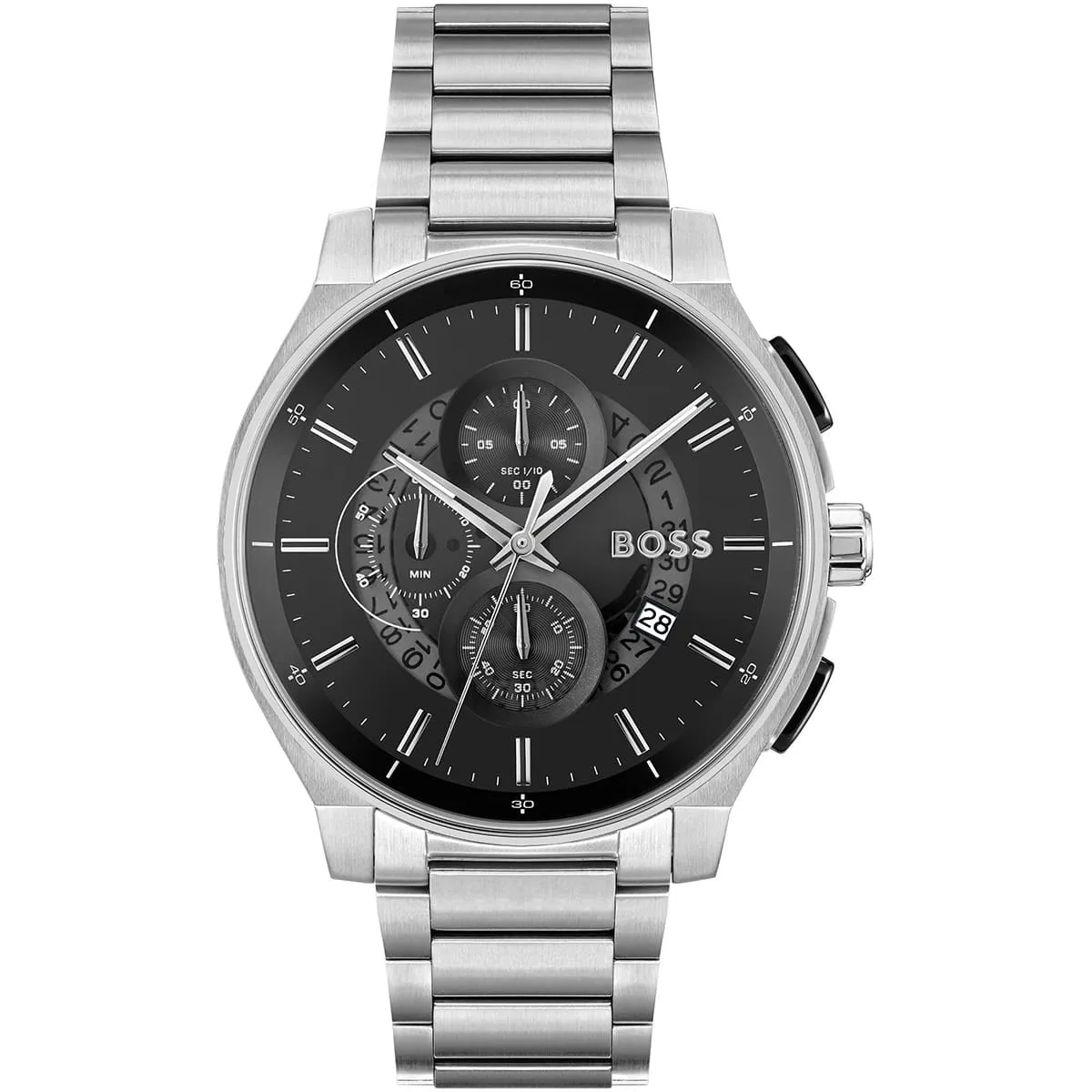 1514191-hugo-boss-watch-men-black-dial-stainless-steel-metal-silver-strap-quartz-battery-analog-chronograph-peak ساعة هوجو بوص رجالي - Hugo boss Watch For Men - HB1514191 - Image 1