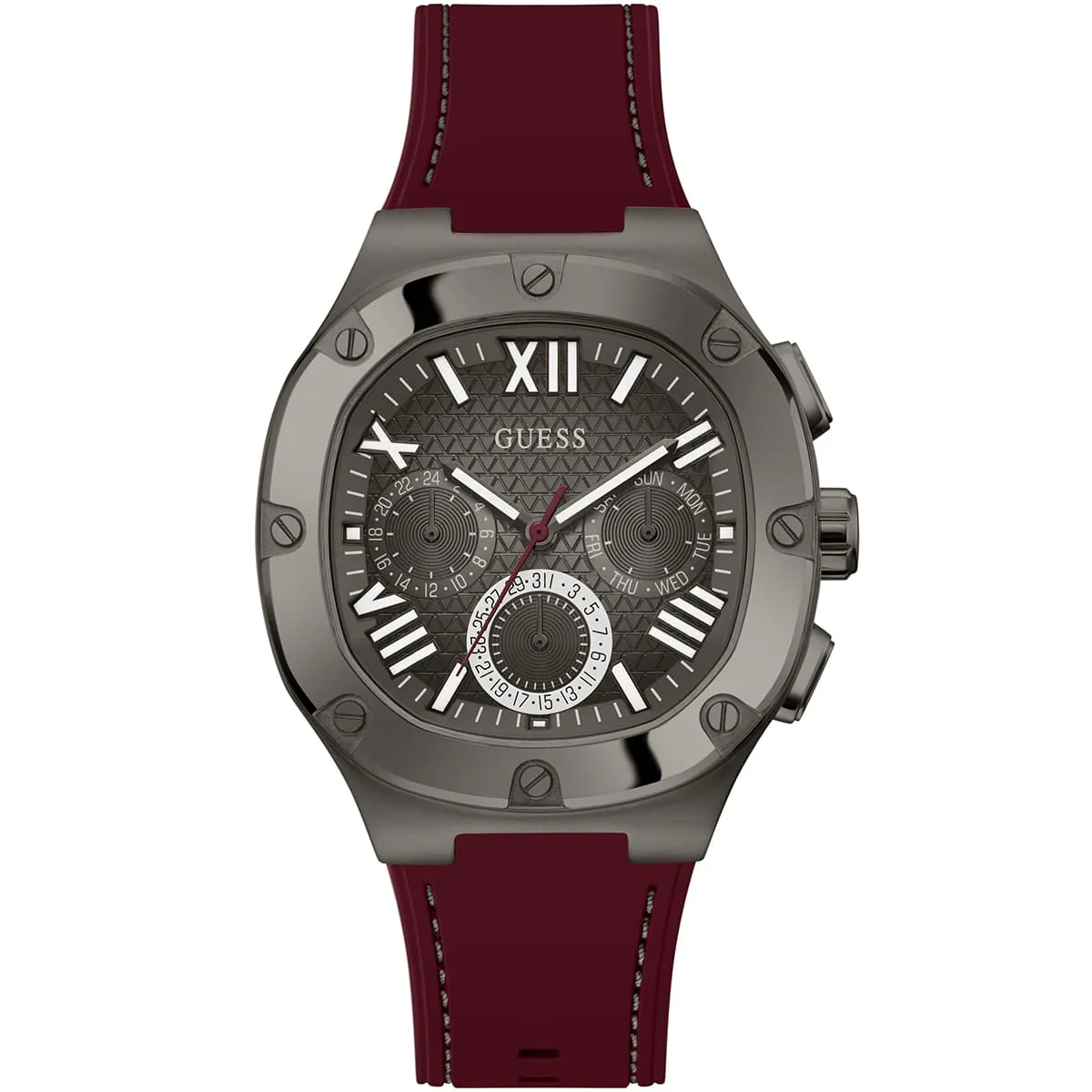 gw0571g4-guess-watch-men-gunmetal-gray-dial-rubber-red-strap-quartz-battery-analog-headline ساعة جيس رجالي - Guess Watch For Men - GW0571G4 - Image 1